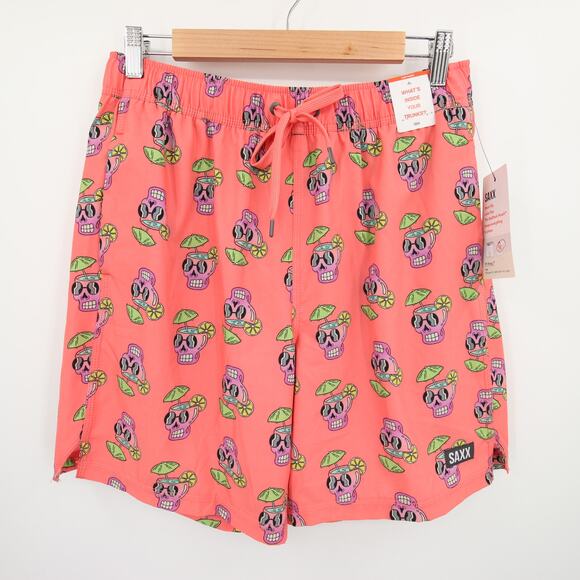 SAXX Oh Buoy Swim Trunks Board Volley Shorts Pink Skull Print Quick Dry M NWT - Picture 1 of 13